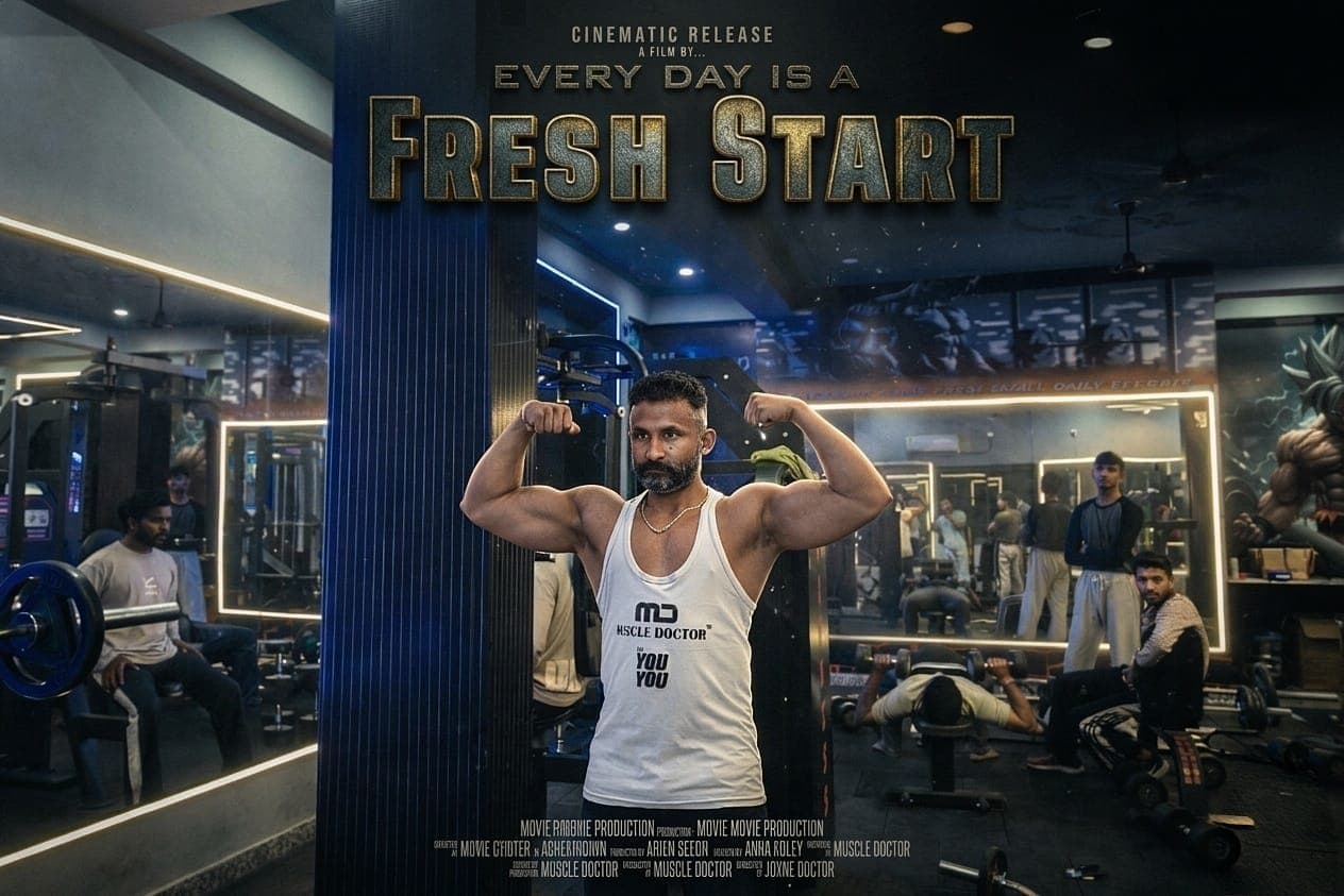 Trainer flexing both arms under an 'Every Day Is A Fresh Start' motivational graphic at G2 Fitness Club